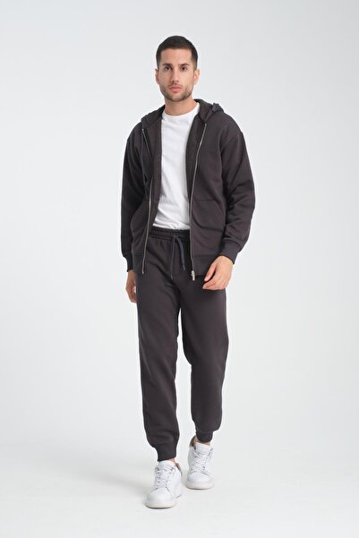 Valiberta Plush Inside Three Thread Fabric Ov Oversized Ermuarlı Ka Hooded Weatshirt - Smoked