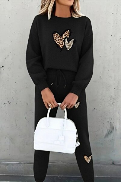 Mossta Heart Patterned Fleece-Lined Three Yarn Blouse Pants Double Suit - Black