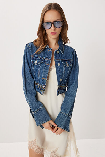 Lovelyİstanbul Zipper Detailed Crop Denim Jacket Lfg0178 Blue