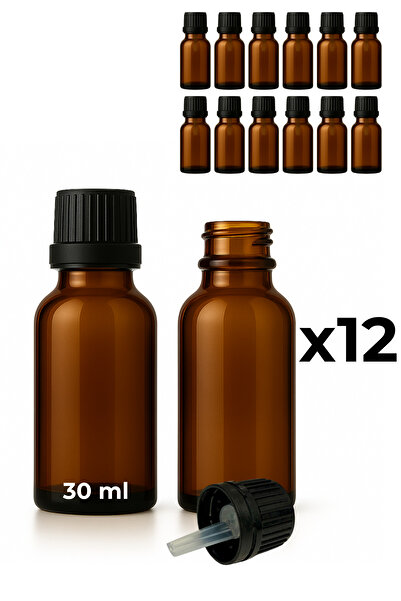 Seray Cam 12 زجاجة سيروم زجاجية كهرمانية اللون سعة 30 مل + غطاء أسود مع قطارة...