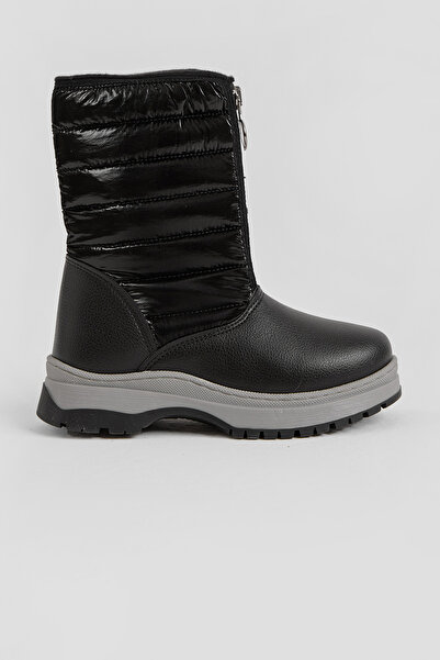 Tonny Black Children's Unisex Black Thick Thermo Sole Inflatable Snow Boots with Writing on the Front, Warm Lining and Zipper