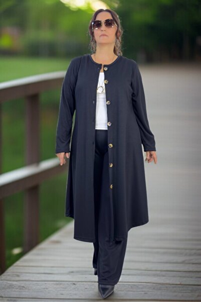 yagmurberen Church Cut Pocket Buttoned Cap Waist Elasticized Pants Plus Size Women's Suit