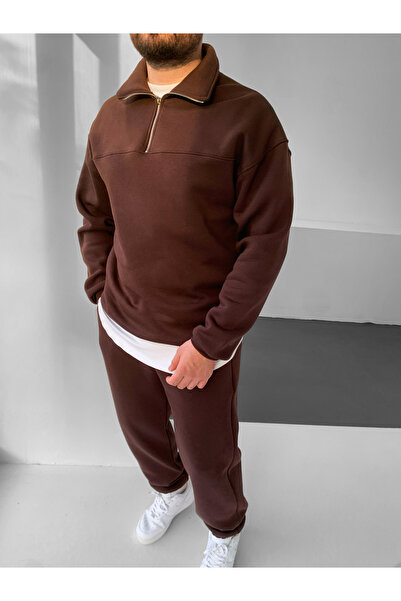 NO1 KONSEPT Кафяв 3-нишкови шерпа комплект от горна и долна част на спортен екип