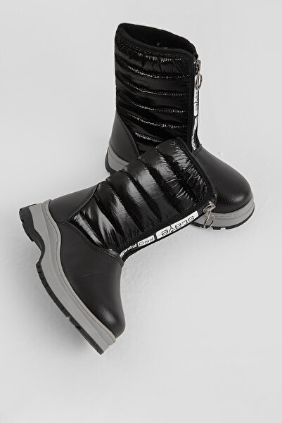 Tonny Black Children's Unisex Black Thick Thermo Sole Inflatable Snow Boots with Writing on the Front, Warm Lining and Zipper