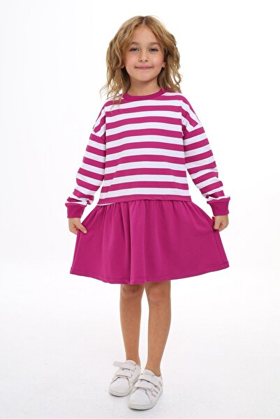 Toontoy فستان مخطط بأكمام طويلة وياقة دائرية للفتيات مطبوع من ريلاكس فيت - أل...