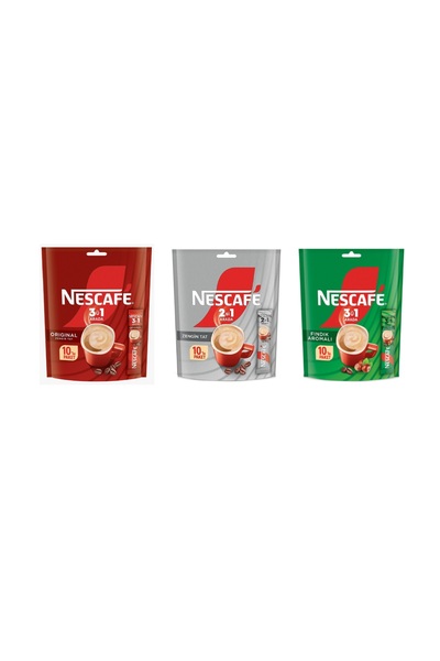 Nescafe 3ü 1 Arada 10 lu Paket 2si 1 Arada 10'lu Paket 3ü 1 Arada Fındık Aromalı 10lu Paket 3 lü Set