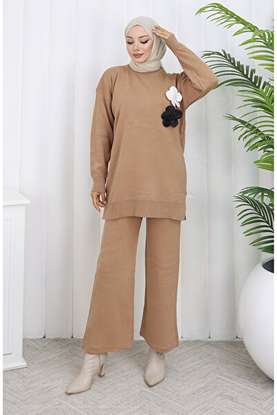 sefamerve Πλεκτά Παντελόνια Τούνικ Ζιμπάρι Διπλό Σετ 1015-07 Γαλακτώδης καφές