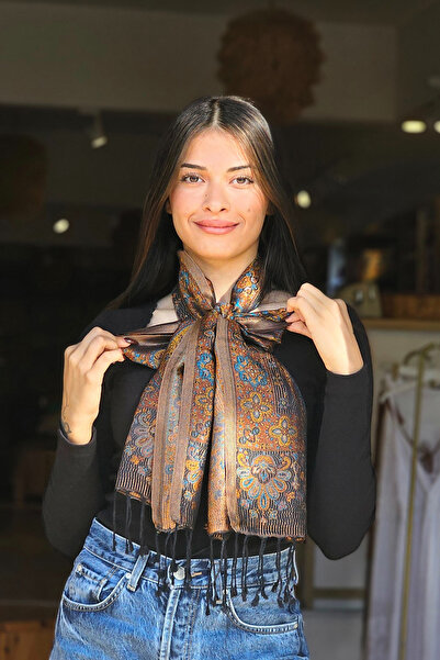 İpek Kahverengi Jakarlı Fular