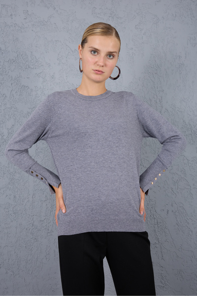 Moda Days Women's Gray Snap Sleeve Crew Neck Knitwear Blouse