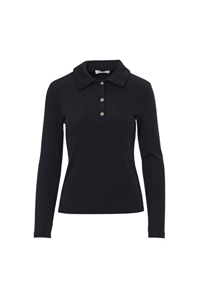 kiwebuy Yakalı Düğmeli Uzun Kol Bluz