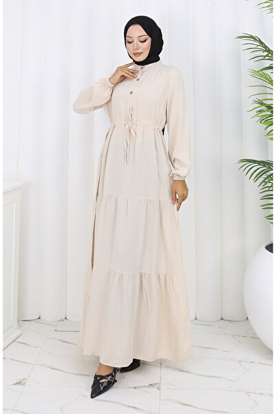 sefamerve Viscose Fabric Half Button Dress 0085-19 Beige