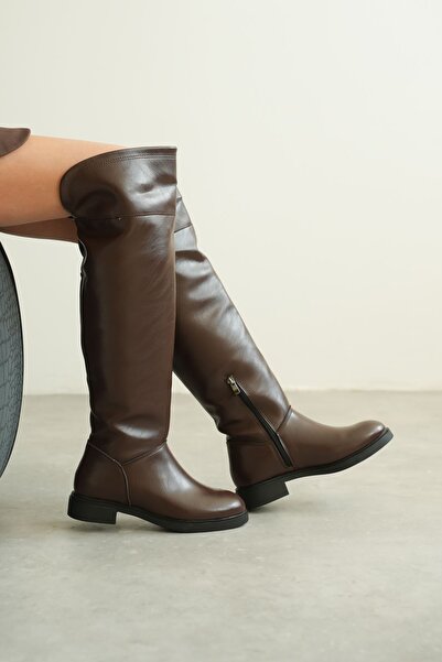 GOFFSHOES Women's Goxi Flat Bottom Knee-High Boots - Brown-Leather