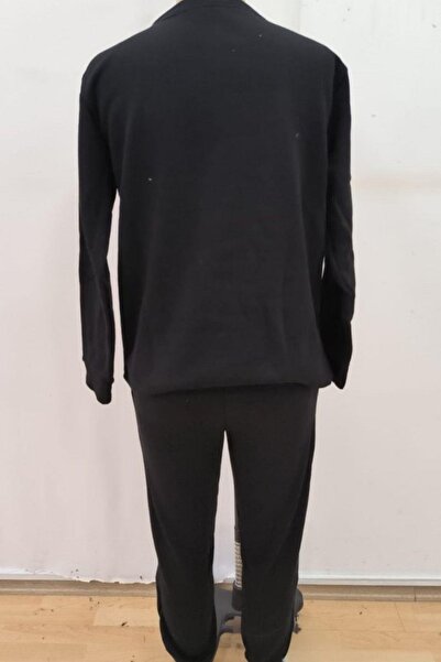 Mossta Heart Patterned Fleece-Lined Three Yarn Blouse Pants Double Suit - Black