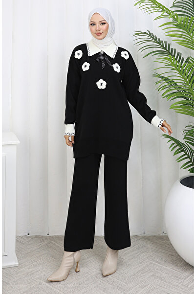 sefamerve Knitted floral appliqué tunic and pants two-piece set 1113-04 black