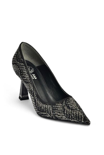 Fox Shoes V820177009 Black Stone Detailed Thick Heeled Women's Evening Dress Shoes