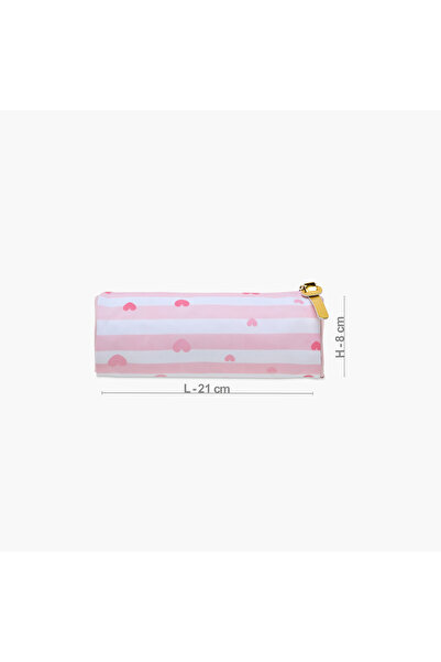 Juniors Striped Heart Print Pencil Pouch with Zip Closure