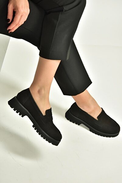 Fox Shoes V944086101 Black Genuine Leather Nubuck Thick Soled Loafer Shoes