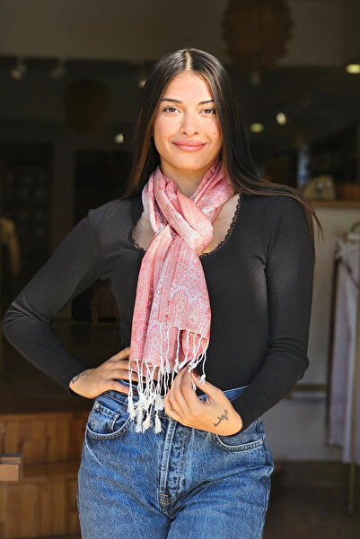 İpek Pembe Jakarlı Fular