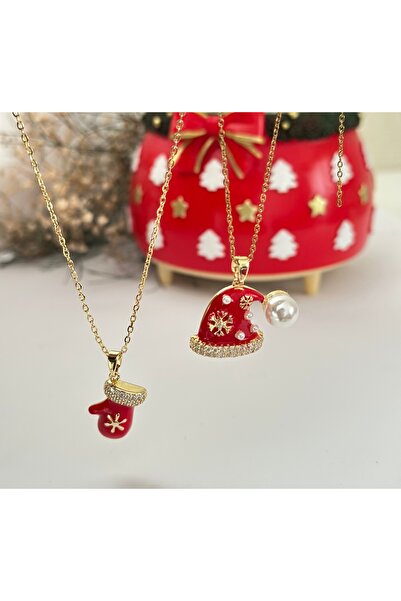 mibrillo قفازات مزينة برقاقات الثلج وقبعة رأس السنة مع لؤلؤ، قلادة مزدوجة للأ...
