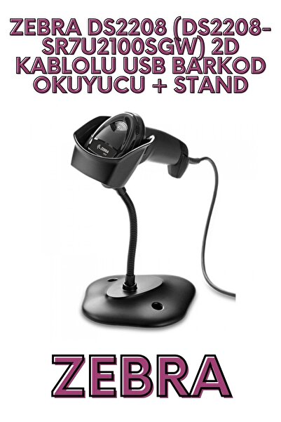 Zebra Ds2208 (Ds2208-Sr7U2100Sgw) 2D Wired USB Barcode Reader + Stand