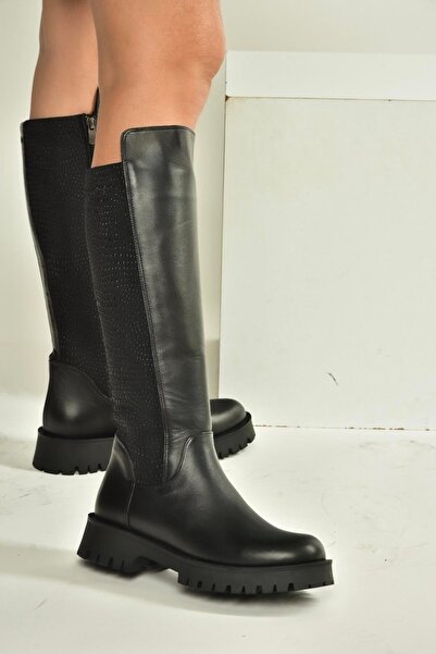 Fox Shoes V555654803 Black Genuine Leather Flat Sole Riding Boots with Elastic Back