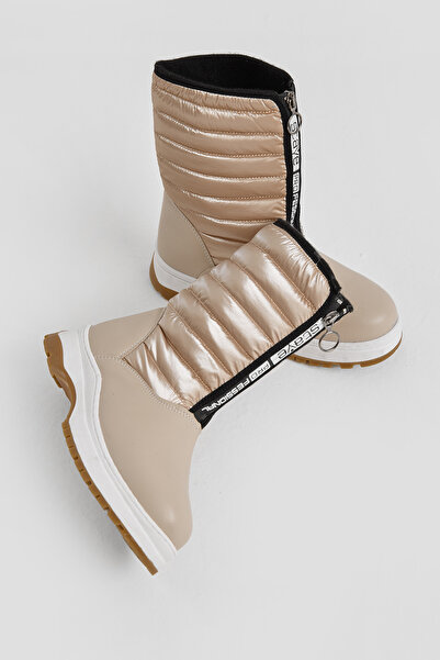 Tonny Black Children's Unisex Beige Thick Thermo Sole Inflatable Snow Boots with Warm Lining and Zipper on the Front