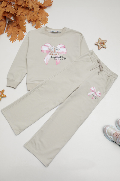 Fulla Moda Bow and Teddy Bear Printed Girls' 2-Piece Set