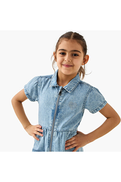 Lee Cooper Heart Embellished Denim Romper with Short Sleeves and Zip Closure