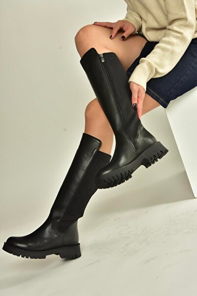 Fox Shoes V555654803 Black Genuine Leather Flat Sole Riding Boots with Elastic Back