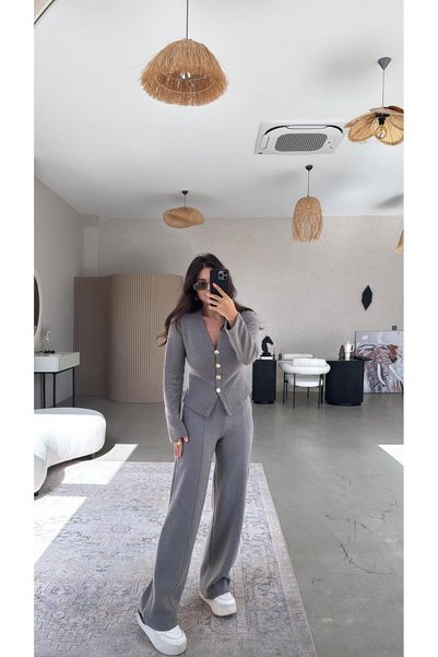 Buket Teke Taupe Brioche Knit ZR Model Cardigan Trousers Set