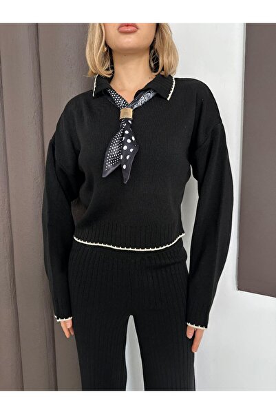 MODAMERSİ Women's Black Polo Neck Scarf with Shepherd Stitch Sweater Pants Knitwear Set