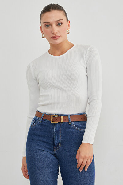 Fulla Moda Corded Fabric Crew Neck Thin Knit Sweater