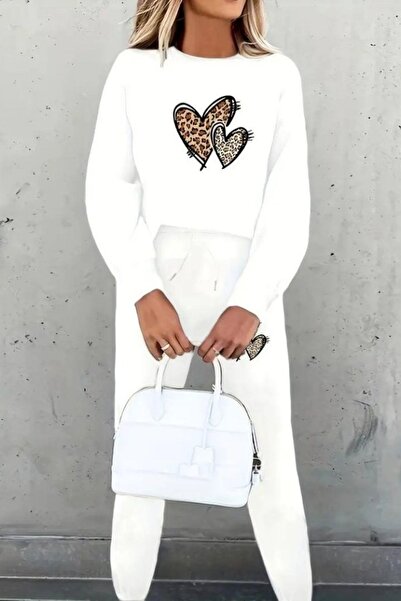 Mossta Heart Patterned Fleece-Lined Three Yarn Blouse Pants Double Suit - White
