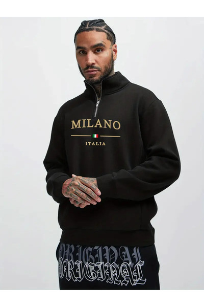 AEMİ Unisex Milano Printed Half Zipper Oversized Sweatshirt