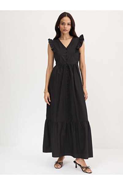 Styli Black Poplin Ruffled Sleeves Maxi Dress