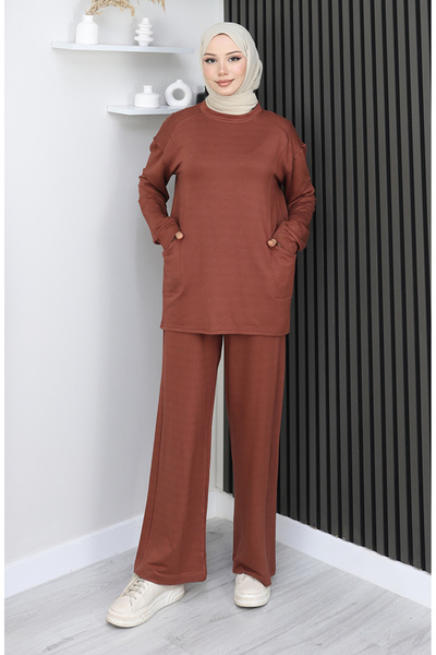 sefamerve Premium υφασμάτινο παντελόνι τουνίκ διπλό σετ 2163-02 Καφέ