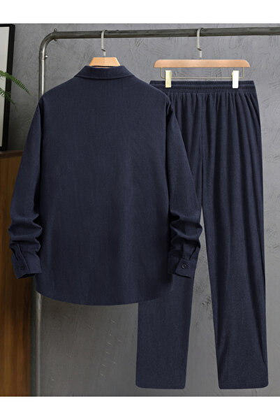 Take Two By Styli Men Navy Blue Corduroy Shirt and Pants Co-ords