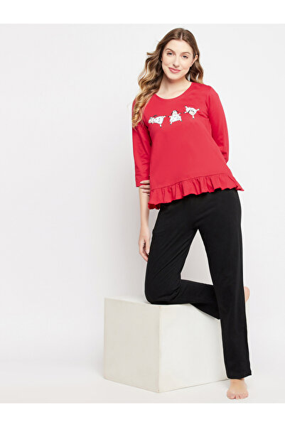 Clovia By Styli Graphic Print Ruffled Hem Top and Pyjama Set