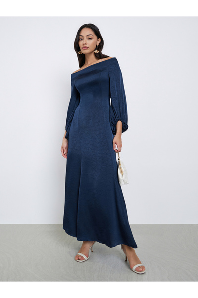 Styli Navy Blue Off Shoulder Maxi Evening Dress