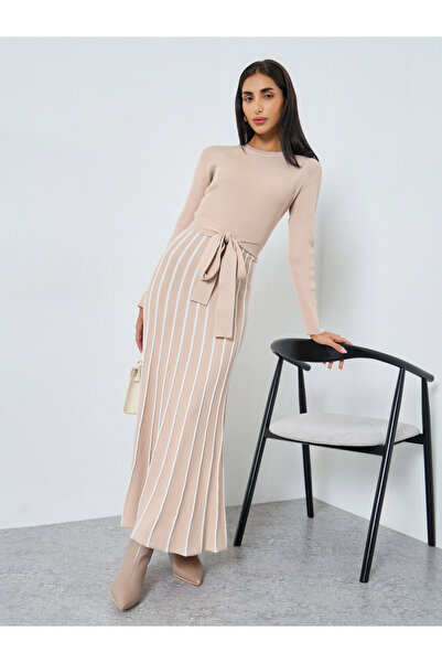 Styli Striped Long Sleeves Sweater A-Line Maxi Dress