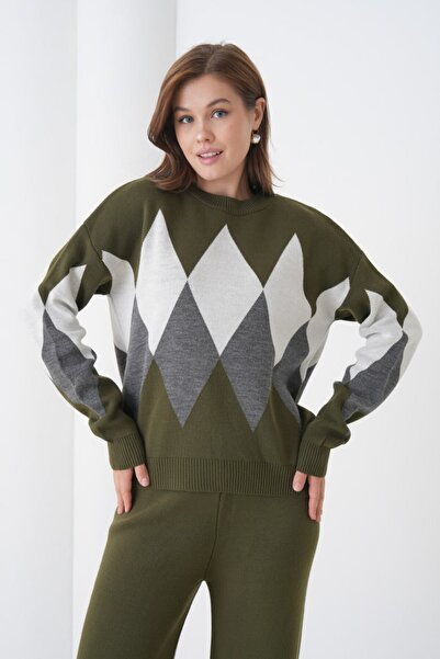 Noi Belis Oversized Plaid Patterned Crew Neck Knitwear Bottom-Top Set Aw25Au0030