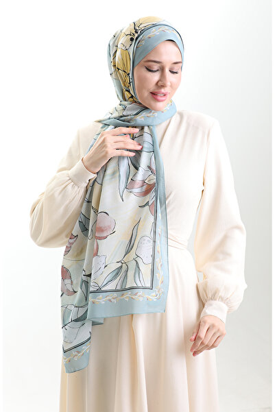 sefamerve Σάλι από γαλλικό μετάξι Hanzade 70330-13 Πράσινο Κίτρινο Μέντα