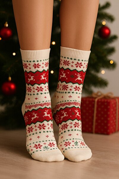 Plus Scorpion Women's Christmas Towel Patterned Socks – Cotton, Thick and Warm Christmas Themed Single Socks