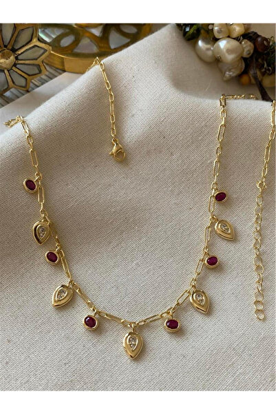 Begüm&CO Atelier Gold Special Series Vip Necklace with Burgundy Stone Detail