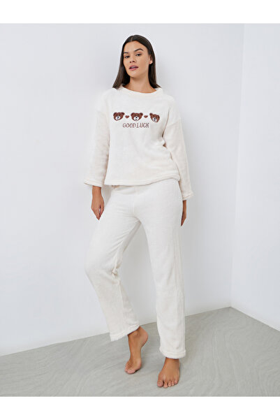 Styli Fleece Bear Embroidery Top and Pyjama Set
