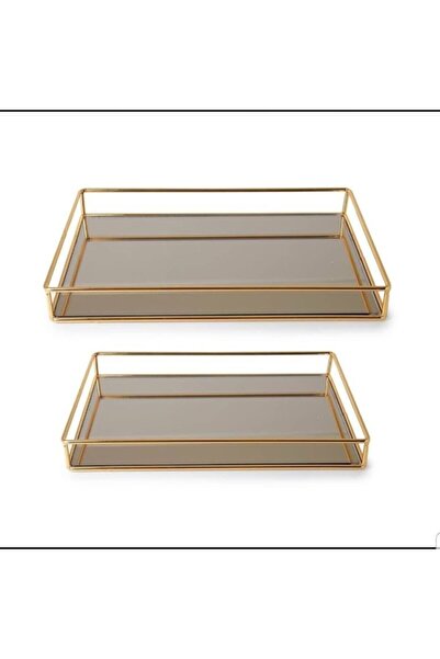 Kitchen Smile 2'li Gold Dikdörtgen Kare Aynalı Söz Nişan Ve Sunum Tepsisi