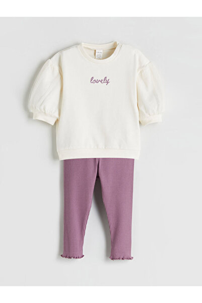 LC Waikiki Ecru Crew Neck Baby Girl Sweatshirt and Leggings