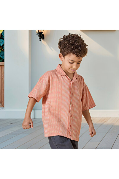 Juniors Embroidered Shirt with Camp Collar and Short Sleeves