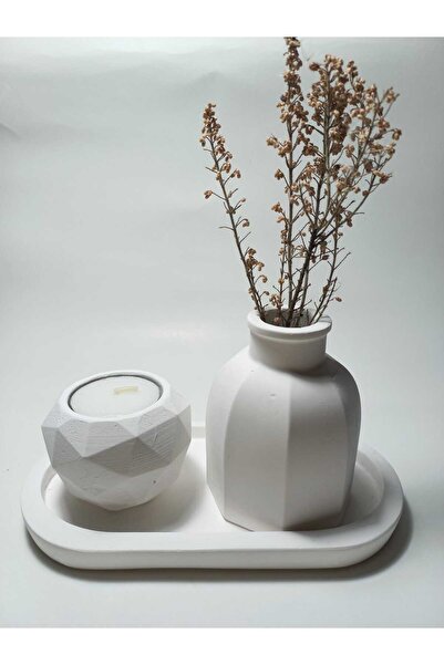 emilysamy Geometric Candle Holder and Vase Decorative Set with Plate White