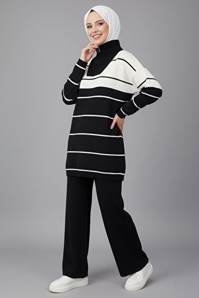 TOFİSA Striped Zippered Knitwear Set Black - 27997-Black